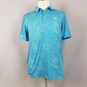 GoodGood Polo Shirt Mens Medium Blue Tropical Floral Golf Stretch Athletic
